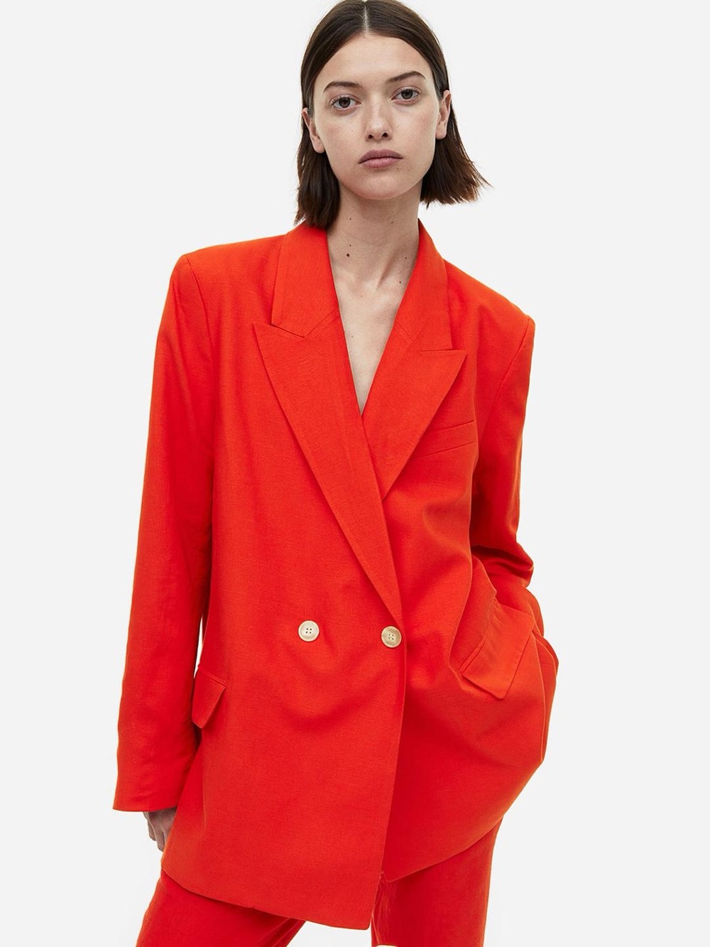 NWT H&M Women Linen Blended Double-Breasted Cheery Red Blazer size XL